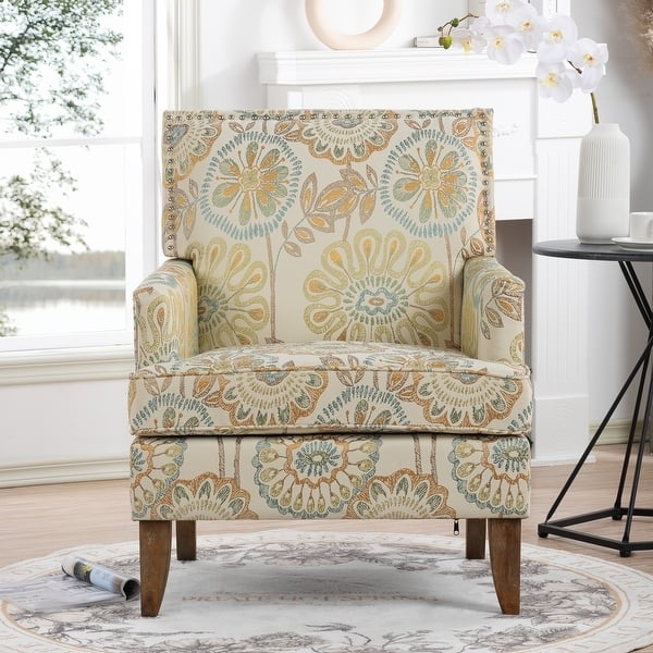 Yellow Floral Accent Chair with Tight Back and Nailhead Trim