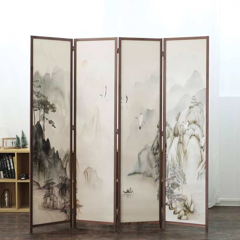 Zen Style Folding Screen with Traditional Ink Wash Mountain Landscape