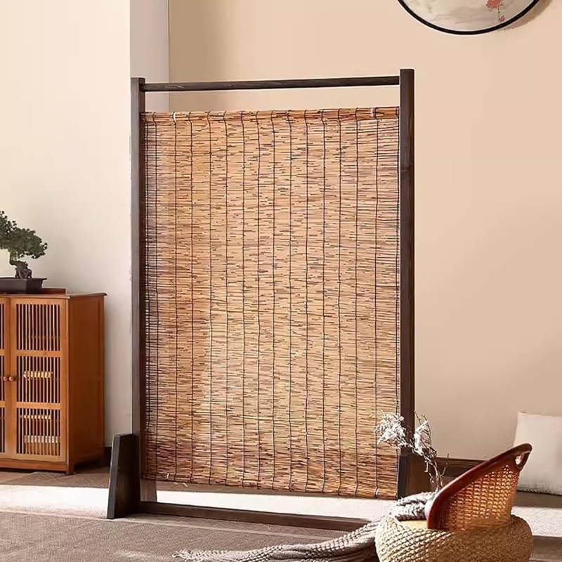 Zen Style Room Divider Woven Bamboo Infill Dark Wood Frame Screen