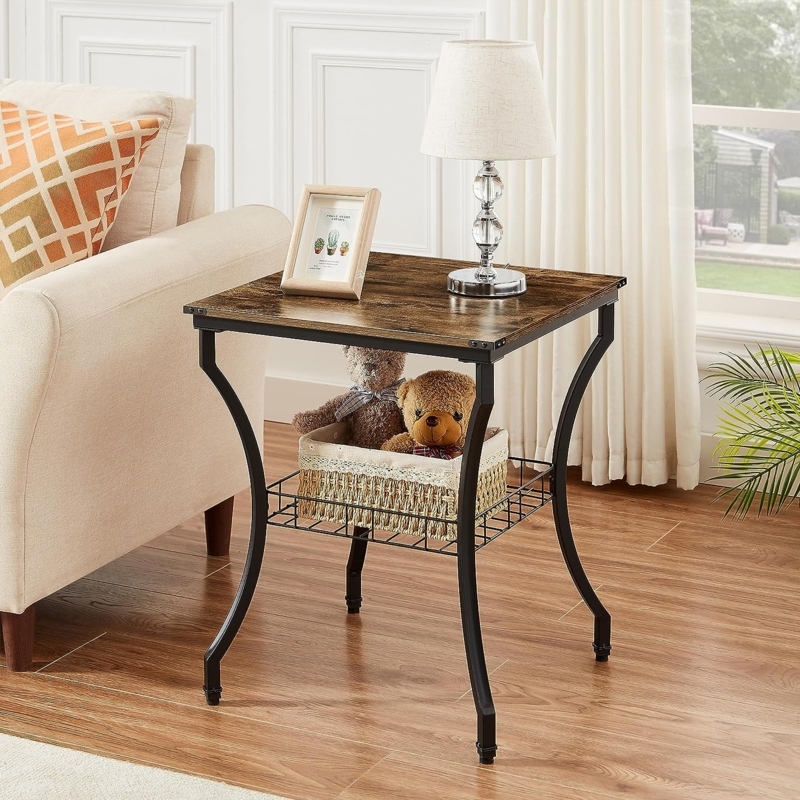 3 Piece Coffee Table Set, Dark Brown Wood, Black Metal, Storage Shelf