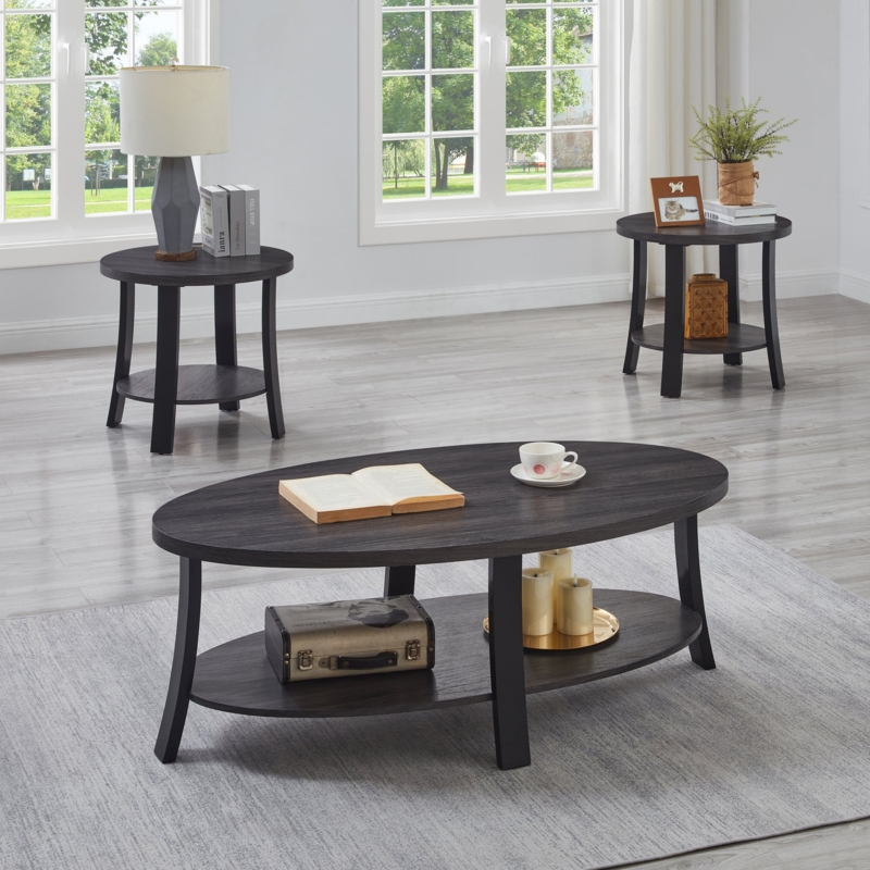 3 Piece Coffee Table Set Oval Center Tapered Legs Contemporary