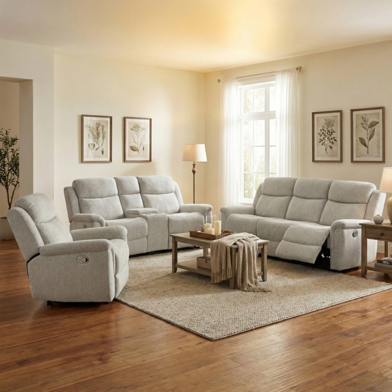 3-Piece Light Grey Reclining Living Room Set with Padded Headrests