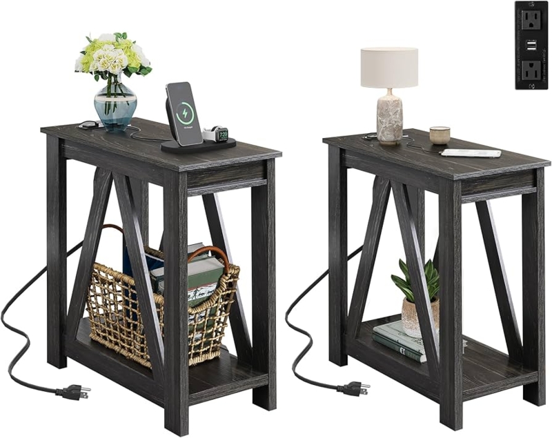 3-Tier End Table Set with Charging Station, Slim Profile