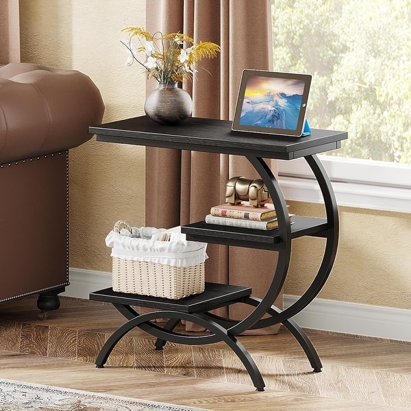 3-Tier Rolling Side Table, Industrial Metal and Wood Toned, Locking Wheels