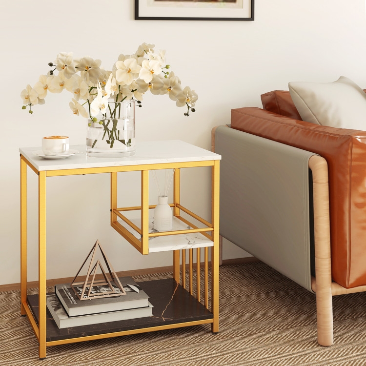 3-Tier Sofa Side Table with Storage Shelf and Golden Polished Steel Frame -  Costway