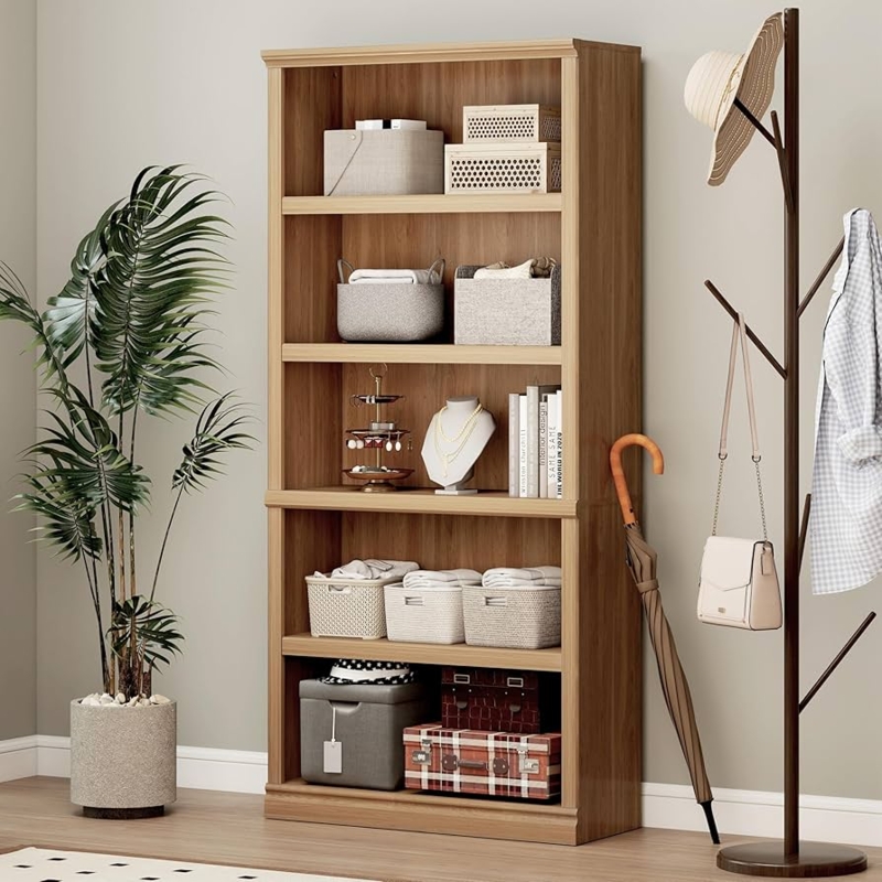 5-Tier Bookcase White Frame Light Oak Shelves Modern Farmhouse