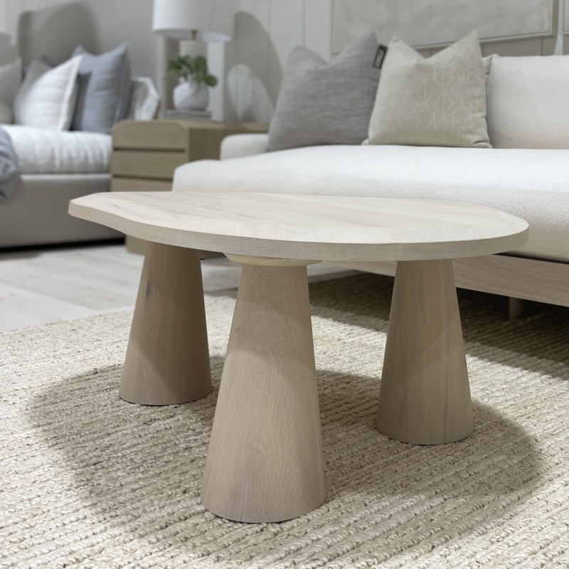 Abstract Coffee Table Organic Shape Conical Base Wavy Edge Wood Toned