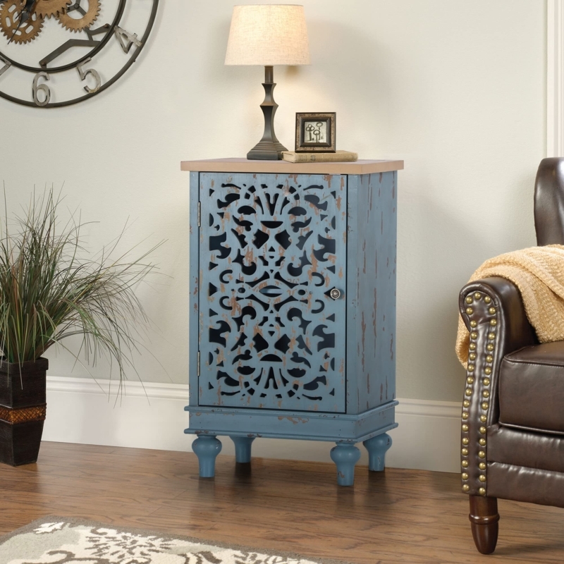 Accent Cabinet with Hollow Carved Door, Distressed Teal Finish