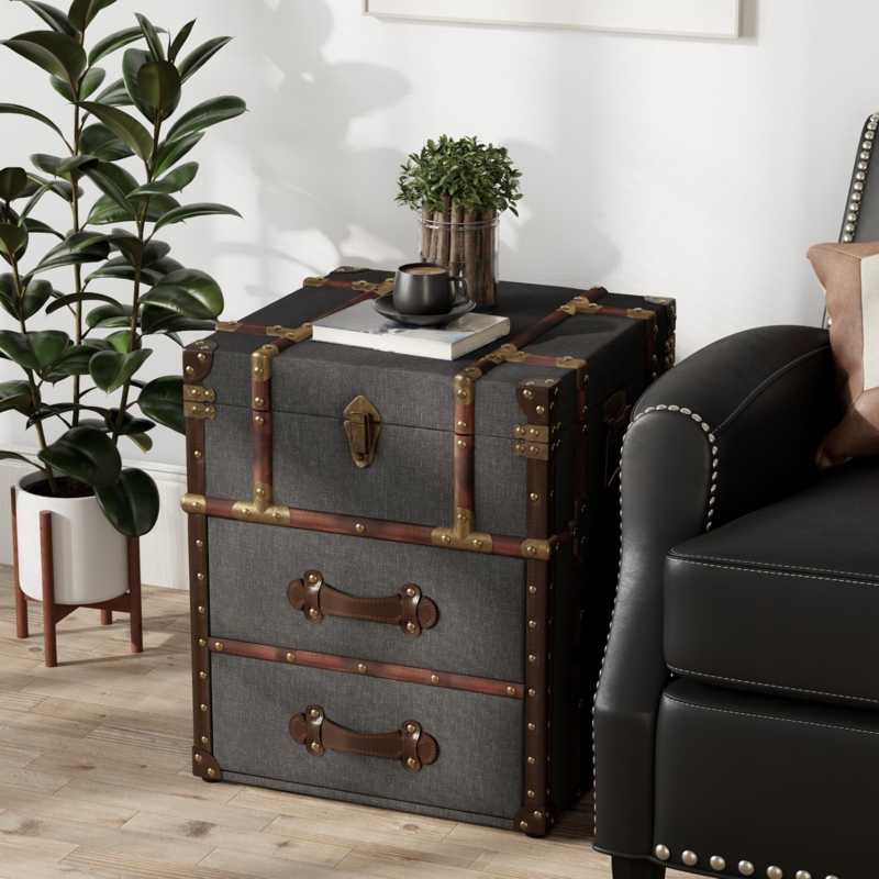 Accent Chest Vintage Grey Linen Texture with Buckle Hinged Top