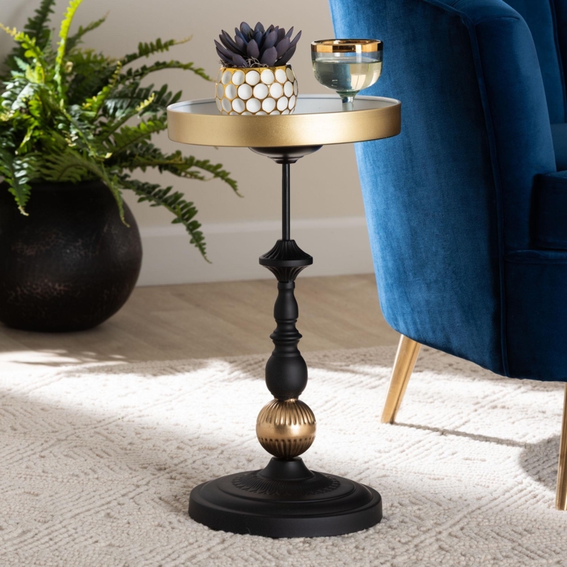 Accent Side Table Gold Tray Top On Matte Black Tripod Base