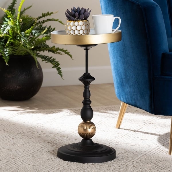 Accent Side Table Round Black Tray Top with Gold Geometric Legs