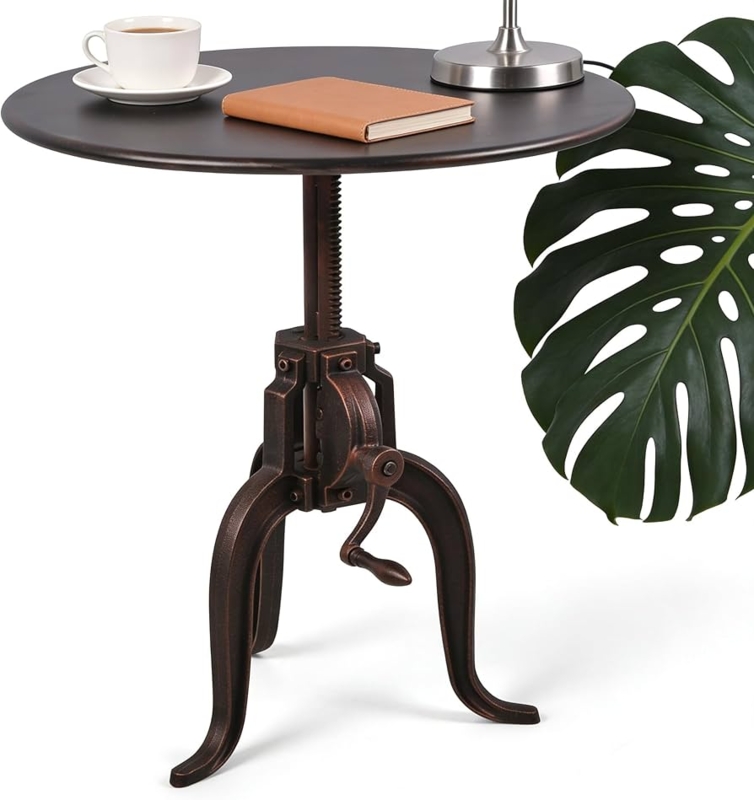 Accent Table Adjustable Height Crank Handle All Metal Round Tripod Base