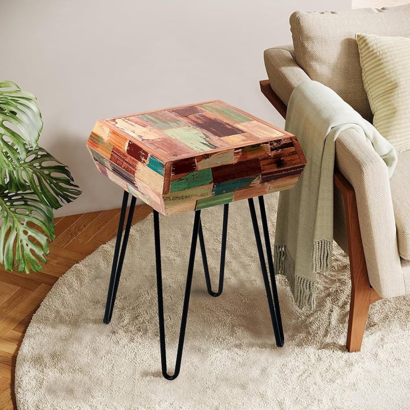 Accent Table, Bohemian Patchwork Wood Drum, Square Silhouette