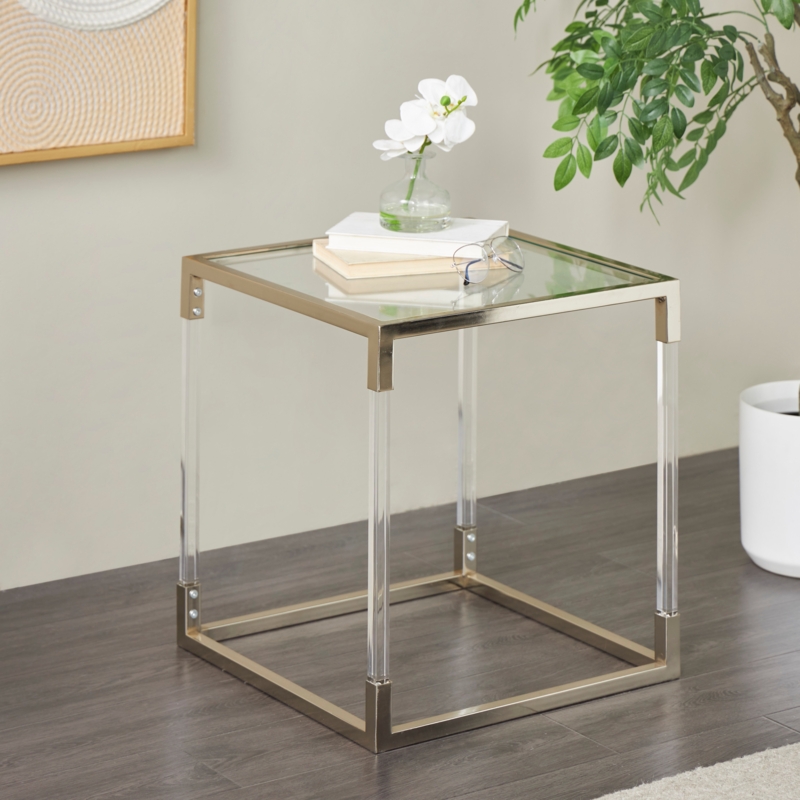 Accent Table Cube Shape with Silver Metal Frame and Acrylic Legs