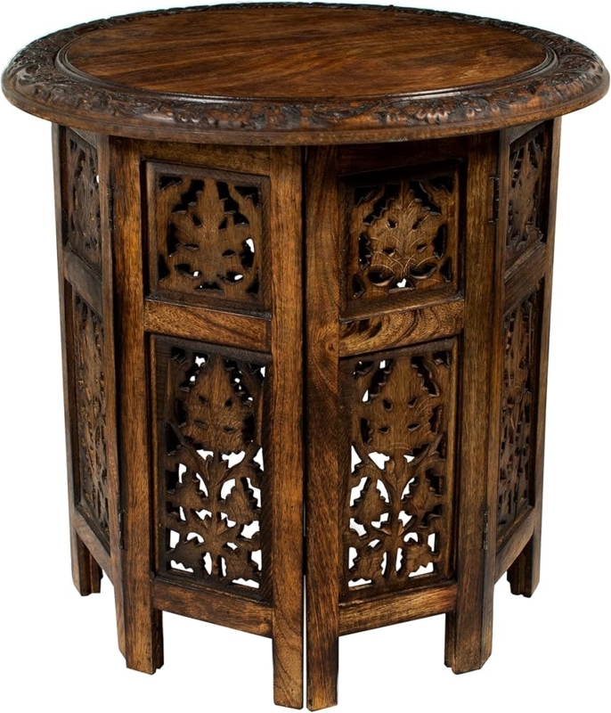 Accent Table Hand Carved Antique Brown Folding Round