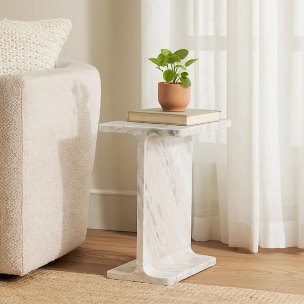 Accent Table I-Beam Silhouette Brown Stone Look Sculptural Piece