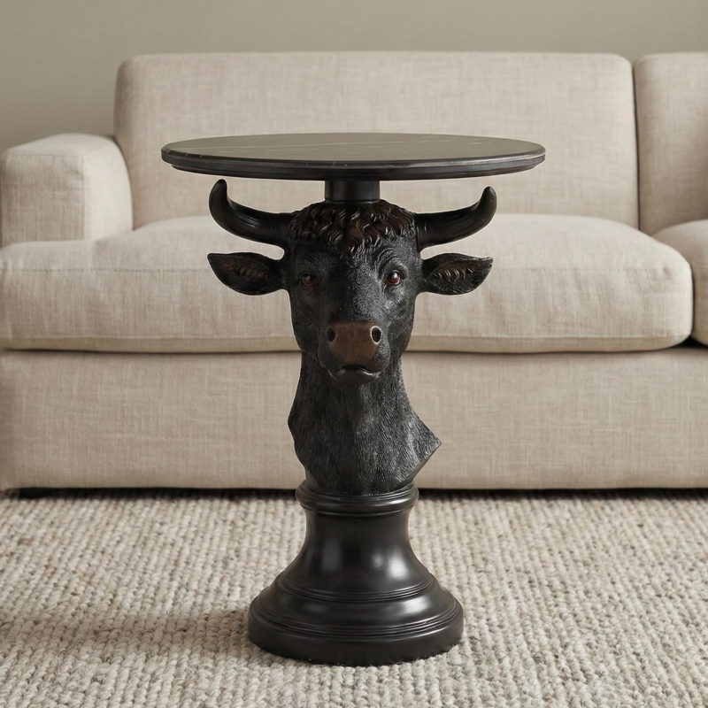 Accent Table Matte Black Bull Head Base Faux Marble Round Top