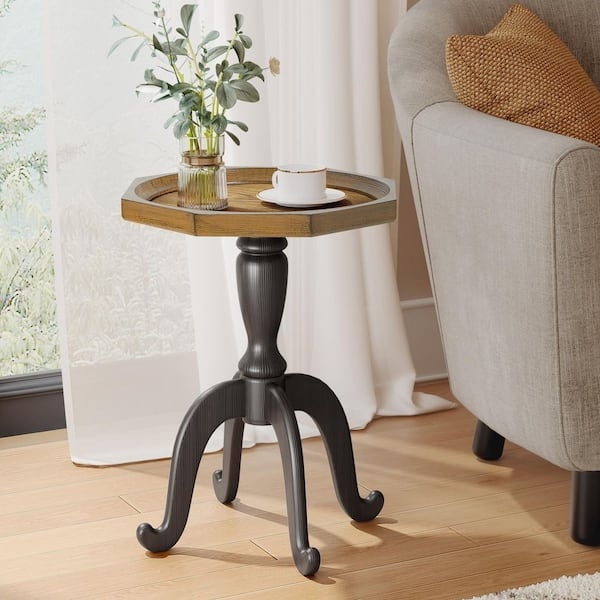Accent Table Octagonal Top Turned Pedestal Base Black Natural Rustic