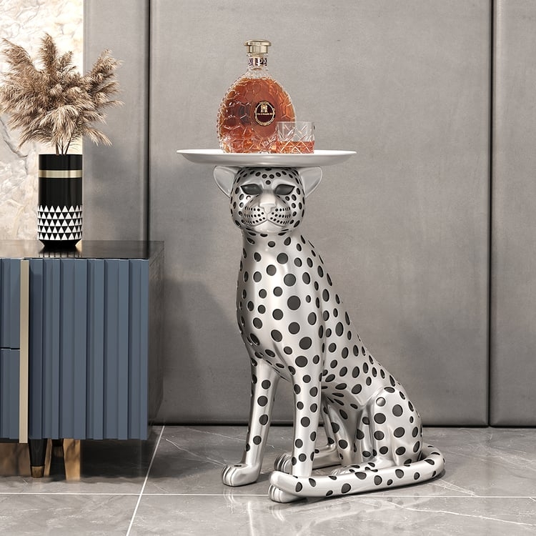 Accent Table Polished Silver Leopard Sculpture Tray Top Glam