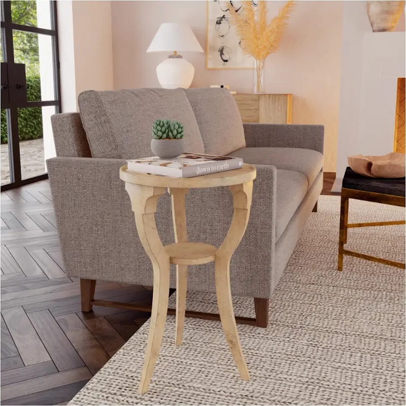 Accent Table Round Antique Beige Wood X Stretcher Base with Drawer