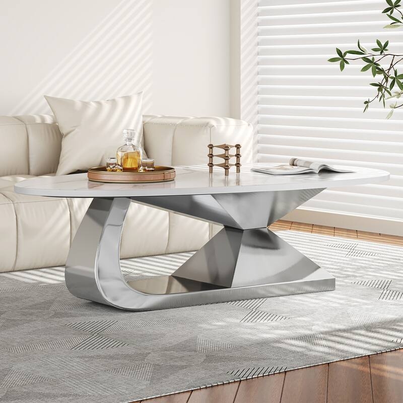 Accent Table Round Marbled Stone Top Geometric Gold Base, Glam