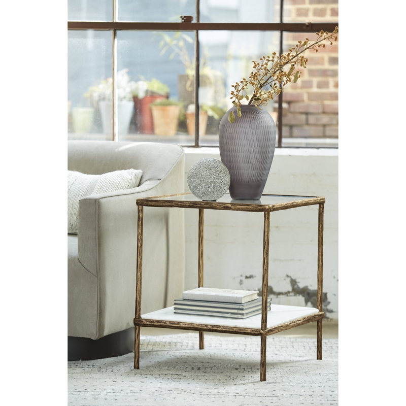 Accent Table, Round Textured Stone-Like Top, Gold Metal Tripod Base