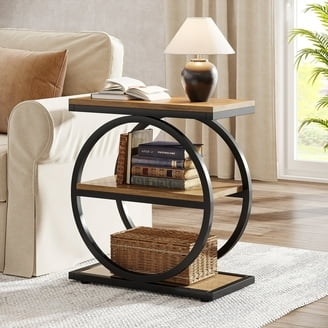 Accent Table Round Wood Top Black Iron Frame Circular Foot Ring
