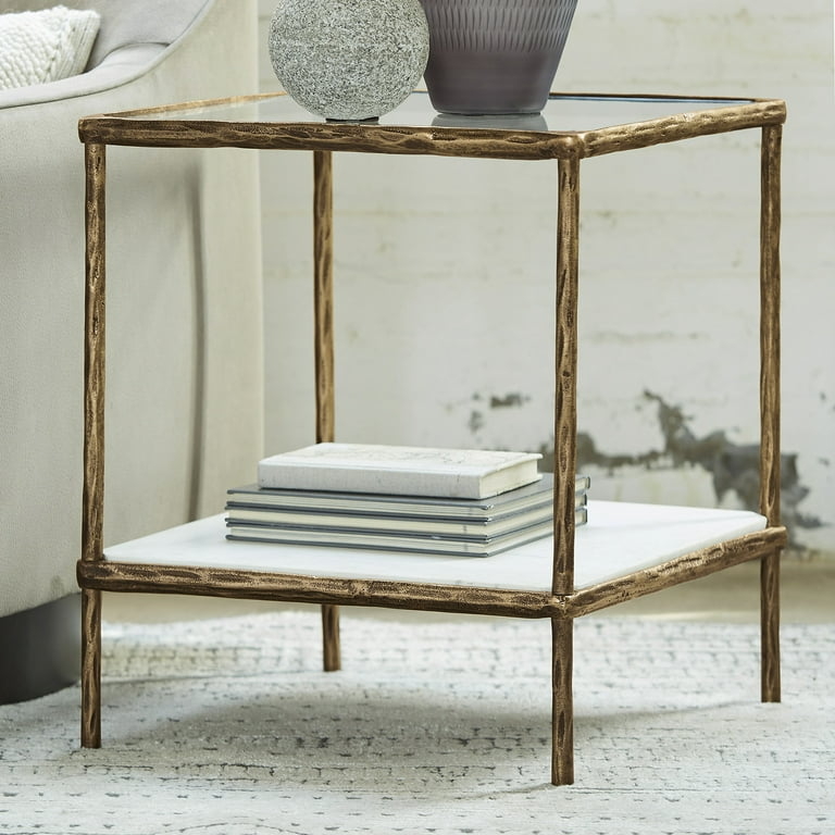 Accent Table Slim Stem Pedestal Antique Brass Finish Small Space