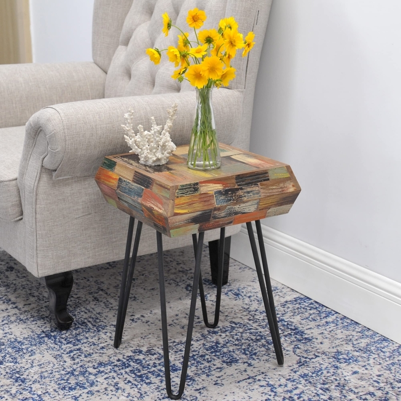 Accent Table, Square Drum, Reclaimed Wood Slat, Vintage Style