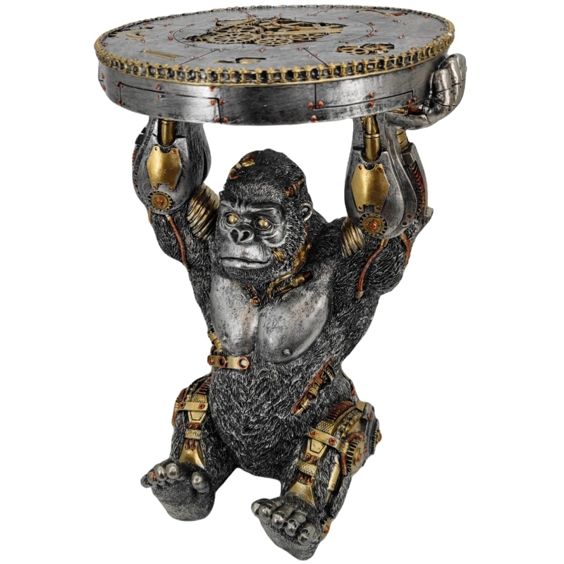 Accent Table Steampunk Gorilla Motif Metallic Silver Finish