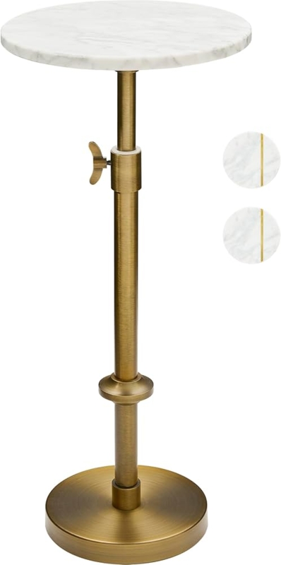 Accent Table Stone Like Top Adjustable Height Antique Brass Round