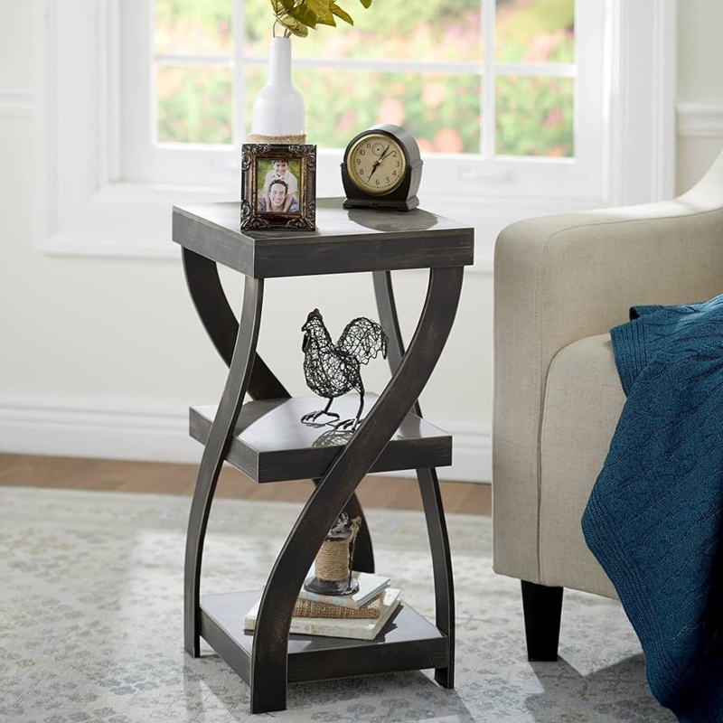 Accent Table Twisted Wood Pedestal Distressed Black Finish