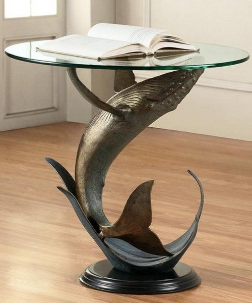 Accent Table Whale Sculpture Base Glass Top, Coastal Whale Accent Table