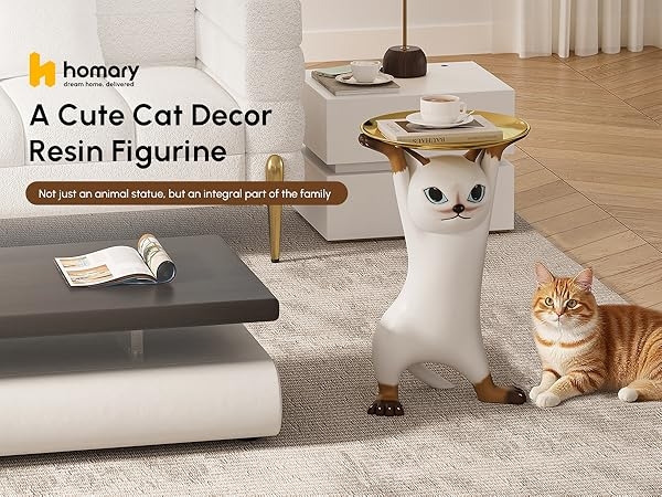 Accent Table Whimsical Matte Black Standing Feline Figurine Gold Tray