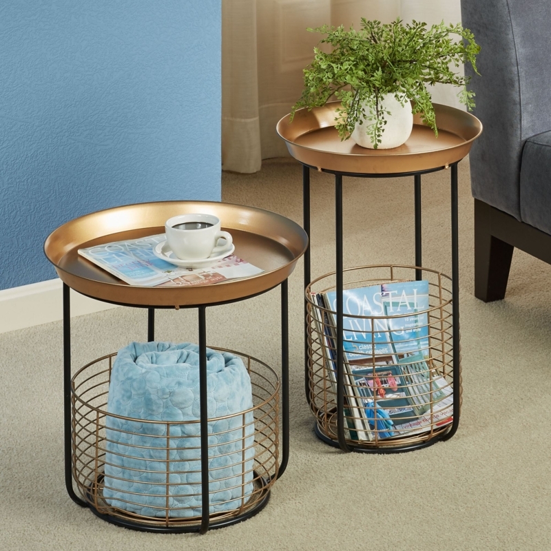 Accent Tables Set Nesting Wire Basket Base Gold Tops Industrial Storage