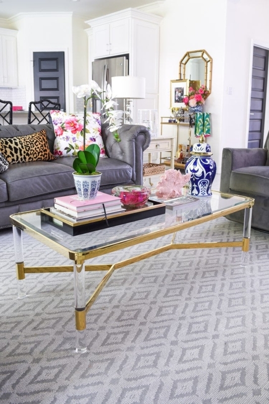 Acrylic Coffee Table with Polished Gold Metal Corner Brackets