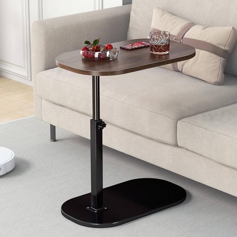 Adjustable C-Shaped Side Table, White Frame, Swivel Top on Casters