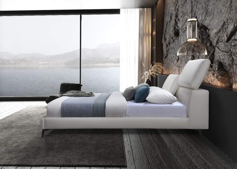 Adjustable Headrest Platform Bed with Wrap Around Frame, White Leather