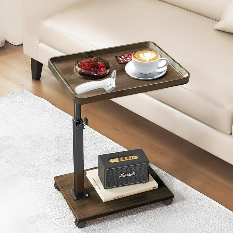 Adjustable Height Swivel Laptop Stand, Black Metal, Wood Toned Top