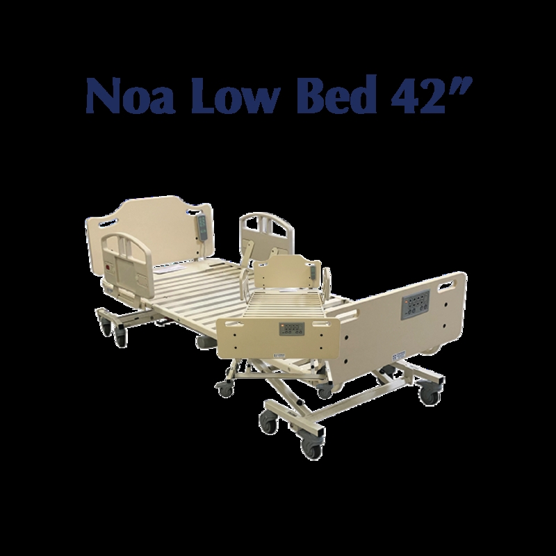Adjustable Long Term Care Bed with Wood Toned Panels and Side Rails