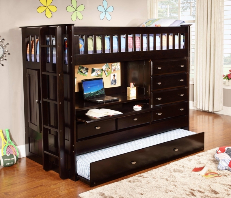 All-In-One Loft Bed with Built-In Desk and Six-Drawer Chest Espresso
