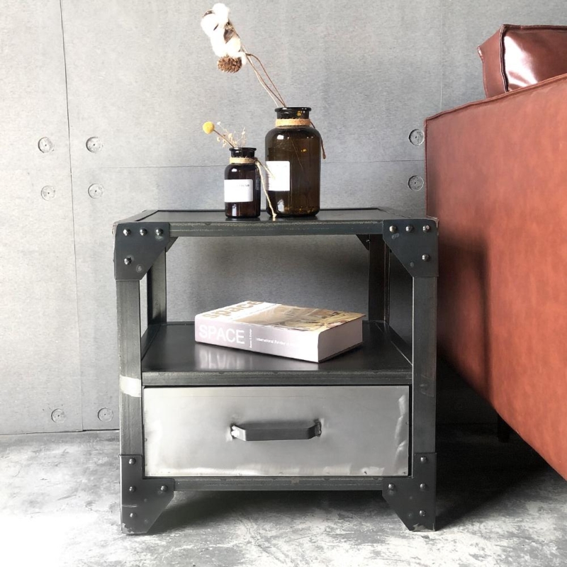 All-Metal Nightstand in Brushed Black Finish with Single Drawer