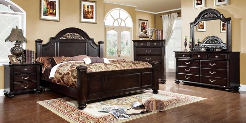 Amazon.com: 5 Pc. Syracuse Dark Walnut Finish Classic Style Oval Headboard  Poster Bed Queen Bed Set : Home & Kitchen