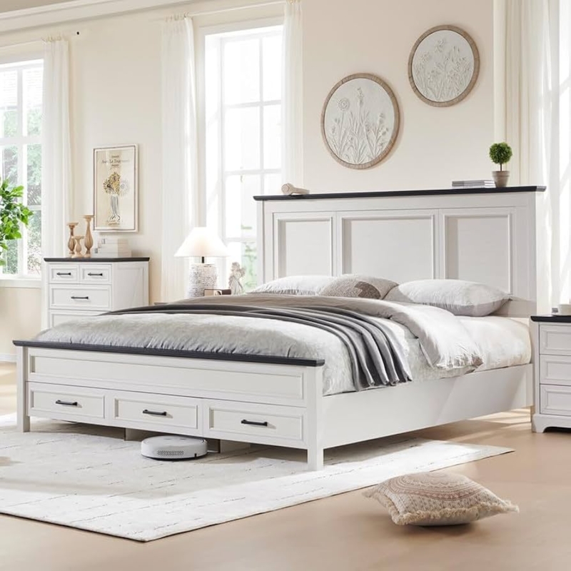 Amazon.com: ACCOHOHO Farmhouse King Size Bed Frame with 52" Tall Headboard,  Wood Platform Bedframe with Footboard and Storage Drawers, No Squeak, No  Box Spring Needed, Off White : Home & Kitchen