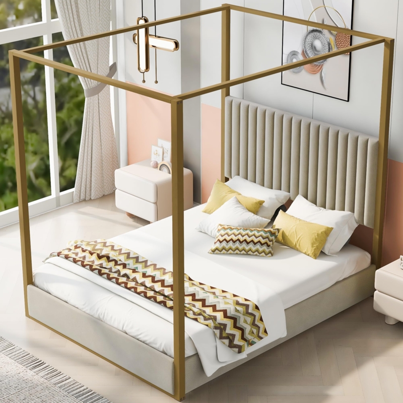 Amazon.com: Aiuyesuo Modern Queen Size 4-Poster Canopy Floor Bed Frame,  Wooden Platform Bed with Upholstered Headboard, Wood Low Profile Platform  Beds with Wooden Slats Support (Beige-FF94) : Home & Kitchen