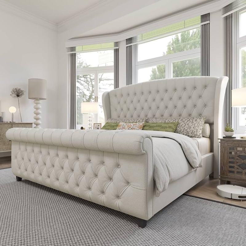 Amazon.com: AMERLIFE King Size Platform Bed Frame, Chenille Upholstered  Sleigh Bed with Scroll Wingback Headboard & Footboard/Button Tufted/No Box  Spring Required/Cream : Home & Kitchen