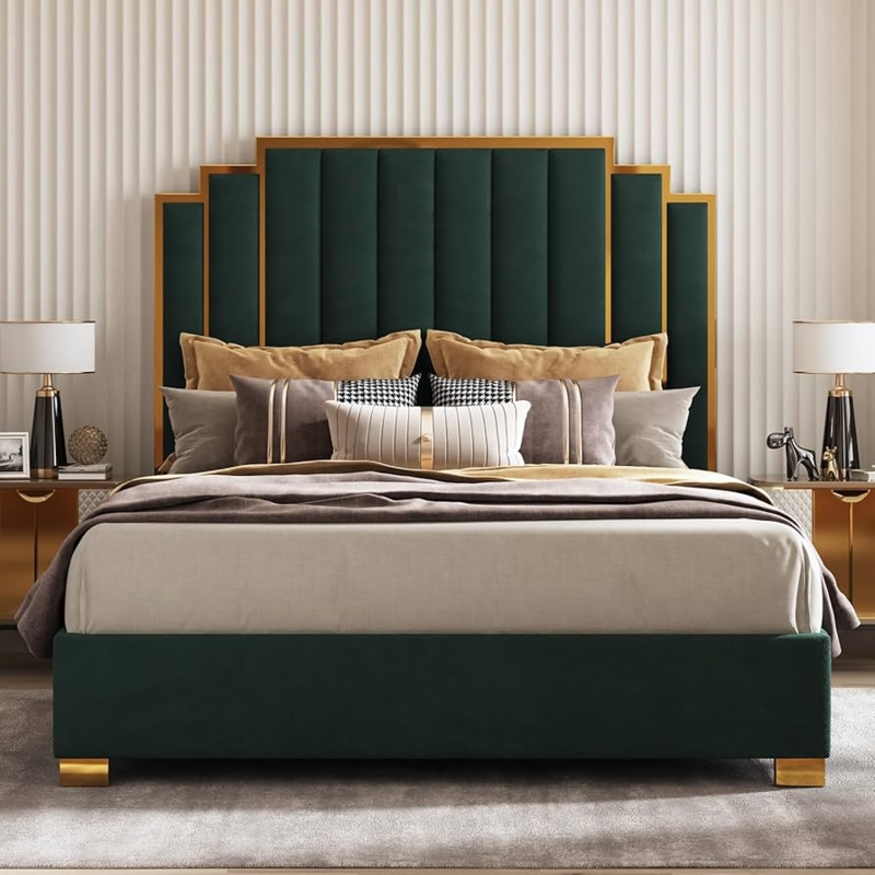 Amazon.com: AMERLIFE King Size Upholstered Bed, Modern Velvet Bed Frame  with 65.4 Tall Gold Trim Headboard, No Box Spring Needed, Green : Home &  Kitchen