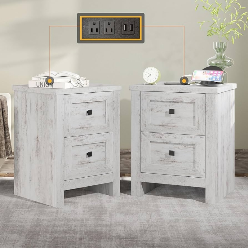 Amazon.com: AMERLIFE Large Nightstand Set of 2 with Charging Station, Bedside  Table with USB Ports and Outlets, Farmhouse Wood End Table for Bedroom,  Distressed White : Home & Kitchen