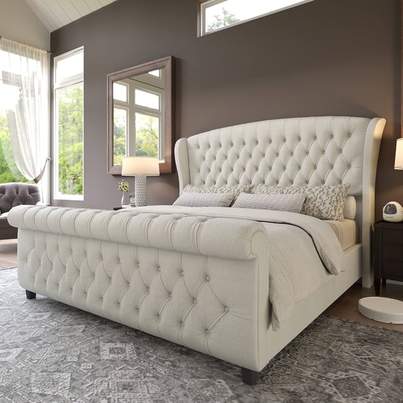 Amazon.com: AMERLIFE Queen Size Platform Bed Frame, Chenille Upholstered Sleigh  Bed with Scroll Wingback Headboard & Footboard/Button Tufted/No Box Spring  Required/Cream : Home & Kitchen