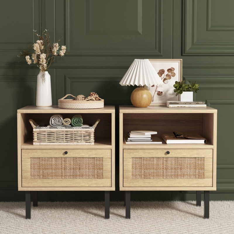 Amazon.com: Angel Sar Rattan Nightstands Set of 2, Boho Night Stand with 1  Door, Accent End Table, Wood Bediside Table with Metal Legs&Open Shelf,  Natural Wood : Home & Kitchen